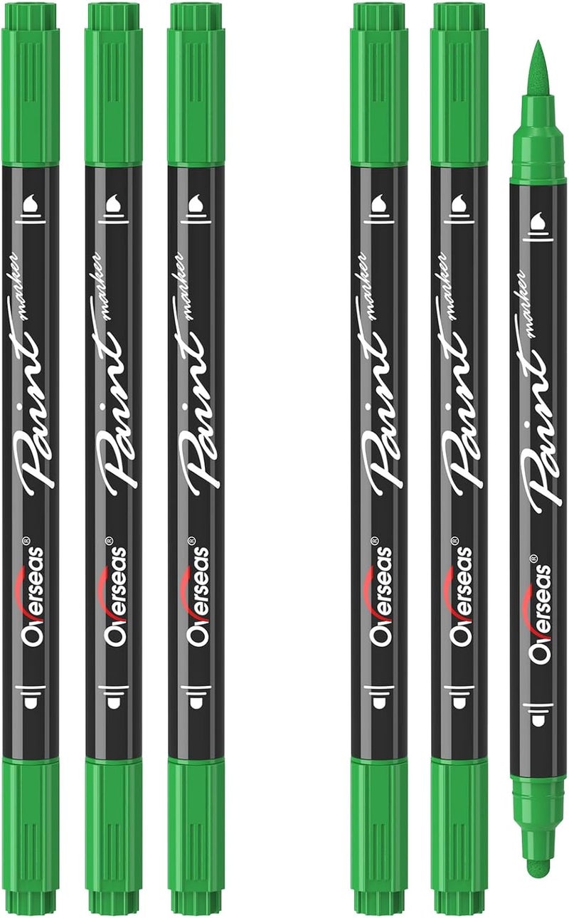 Overseas Green Acrylic Paint Markers, 6 Pack Dual Tip Paint Pens Acrylic Markers - Dot and Brush Tip Coloring Marker for Wood, Rock, Canvas, Glass, Metal, Plastic, Rubber, Fabric, School Supplies - Image 1